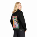 noneofyourbusiness patch on female og denim jacket in raven