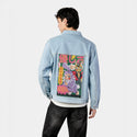 noneofyourbusiness patch on male og denim jacket in oceanside