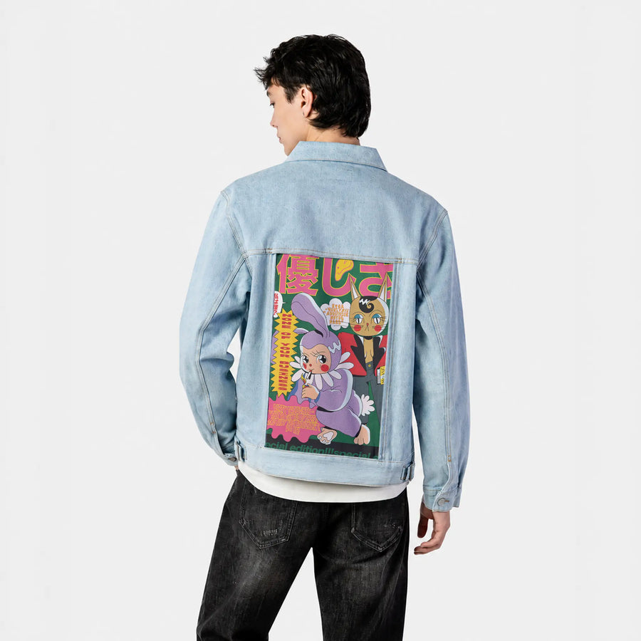 noneofyourbusiness patch on male og denim jacket in oceanside