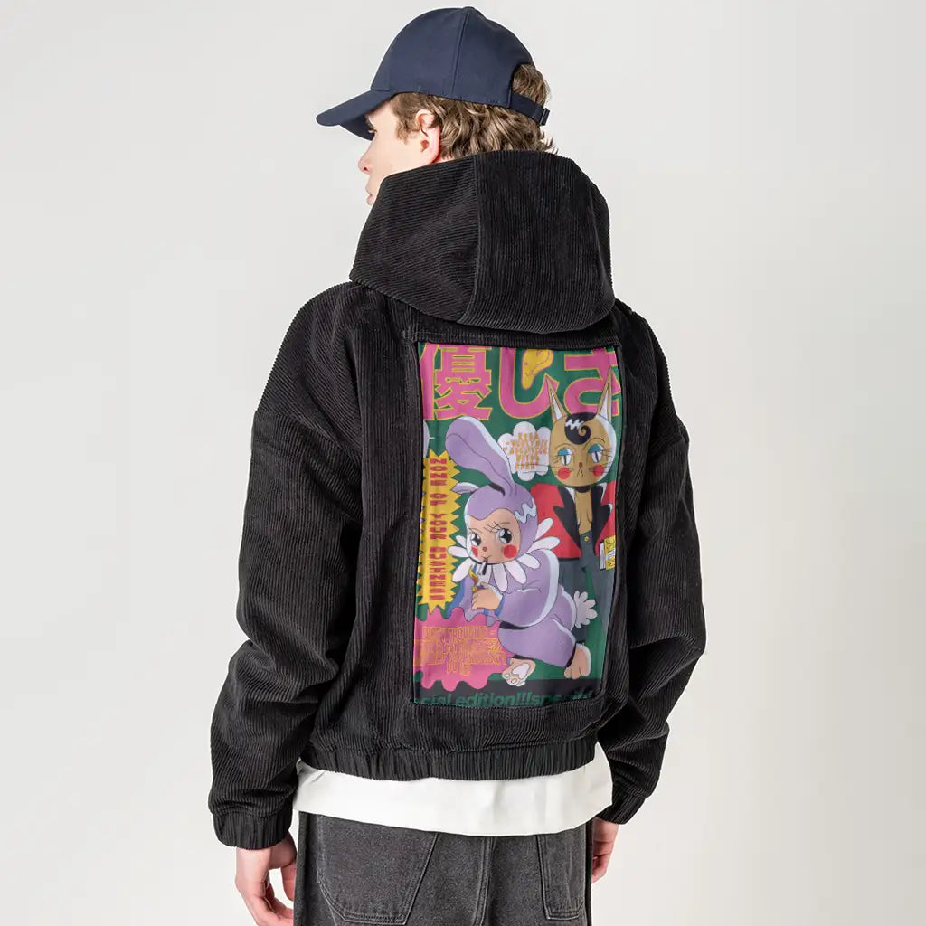 noneofyourbusiness patch on male retro cord hoodie in onyx