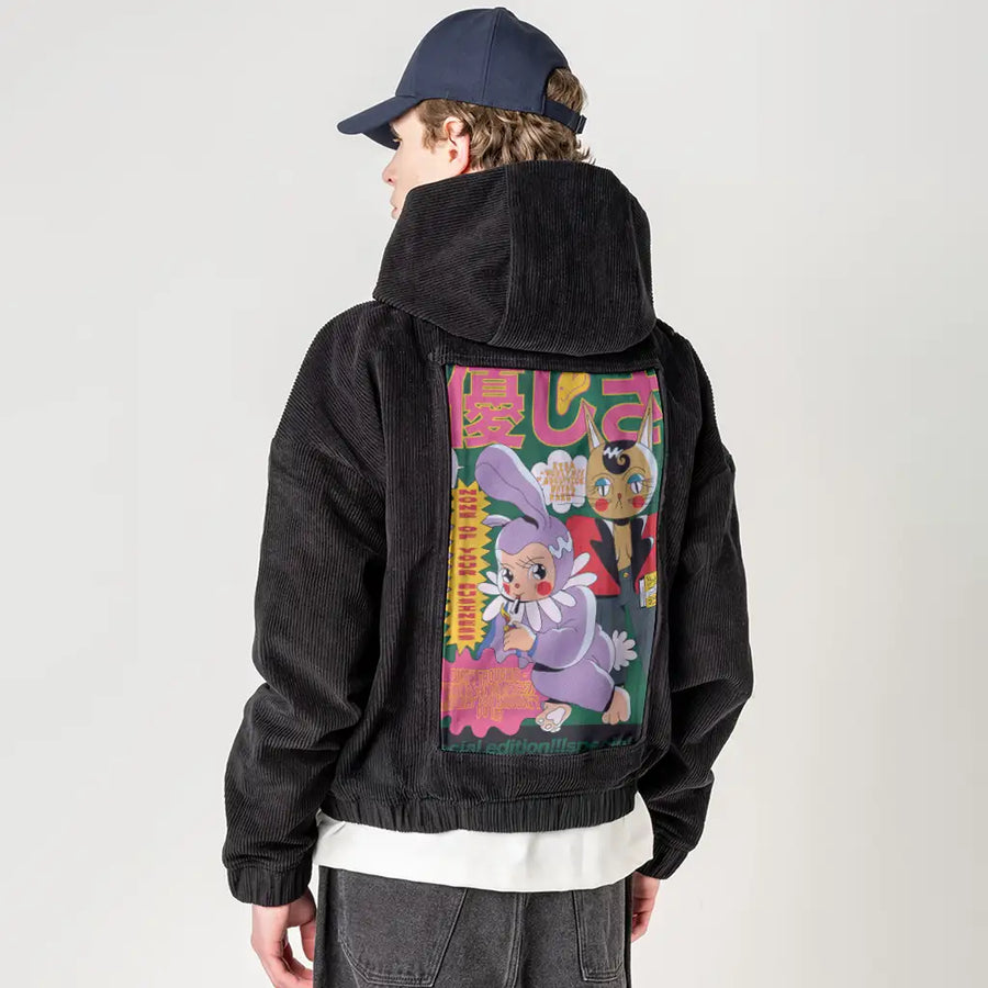 noneofyourbusiness patch on male retro cord hoodie in onyx