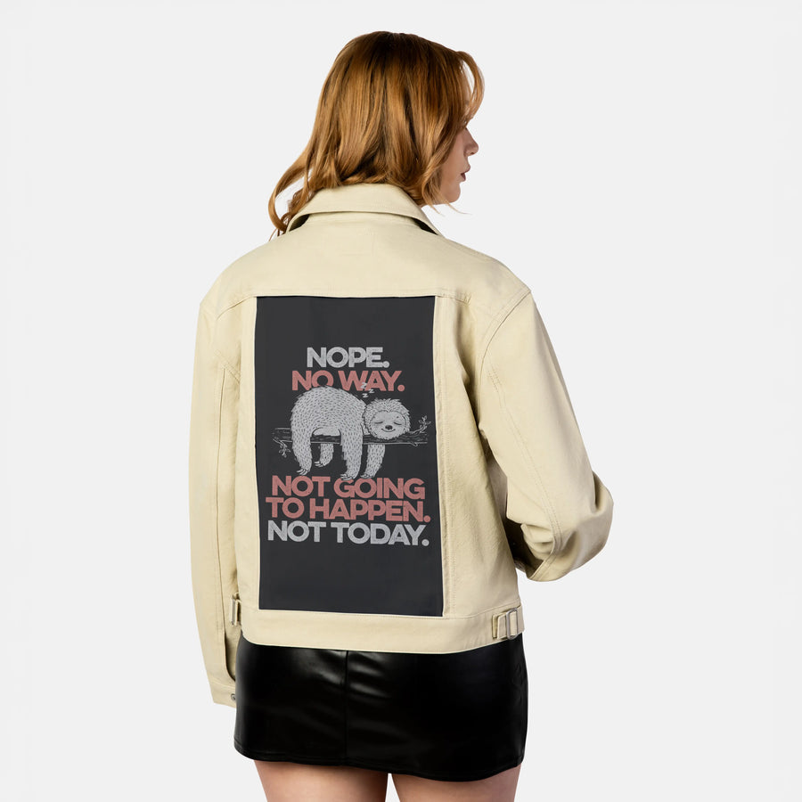 nopenoway patch on female atelier canvas jacket in tan
