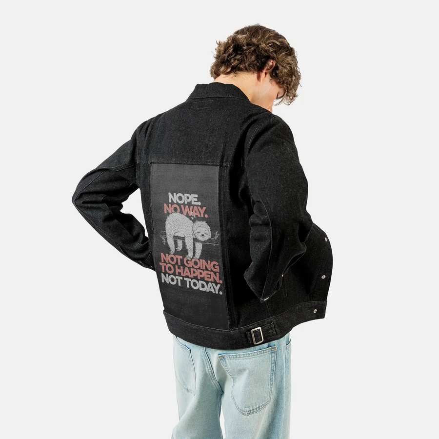 nopenoway patch on male og denim jacket in raven