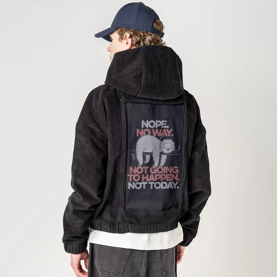 nopenoway patch on male retro cord hoodie in onyx