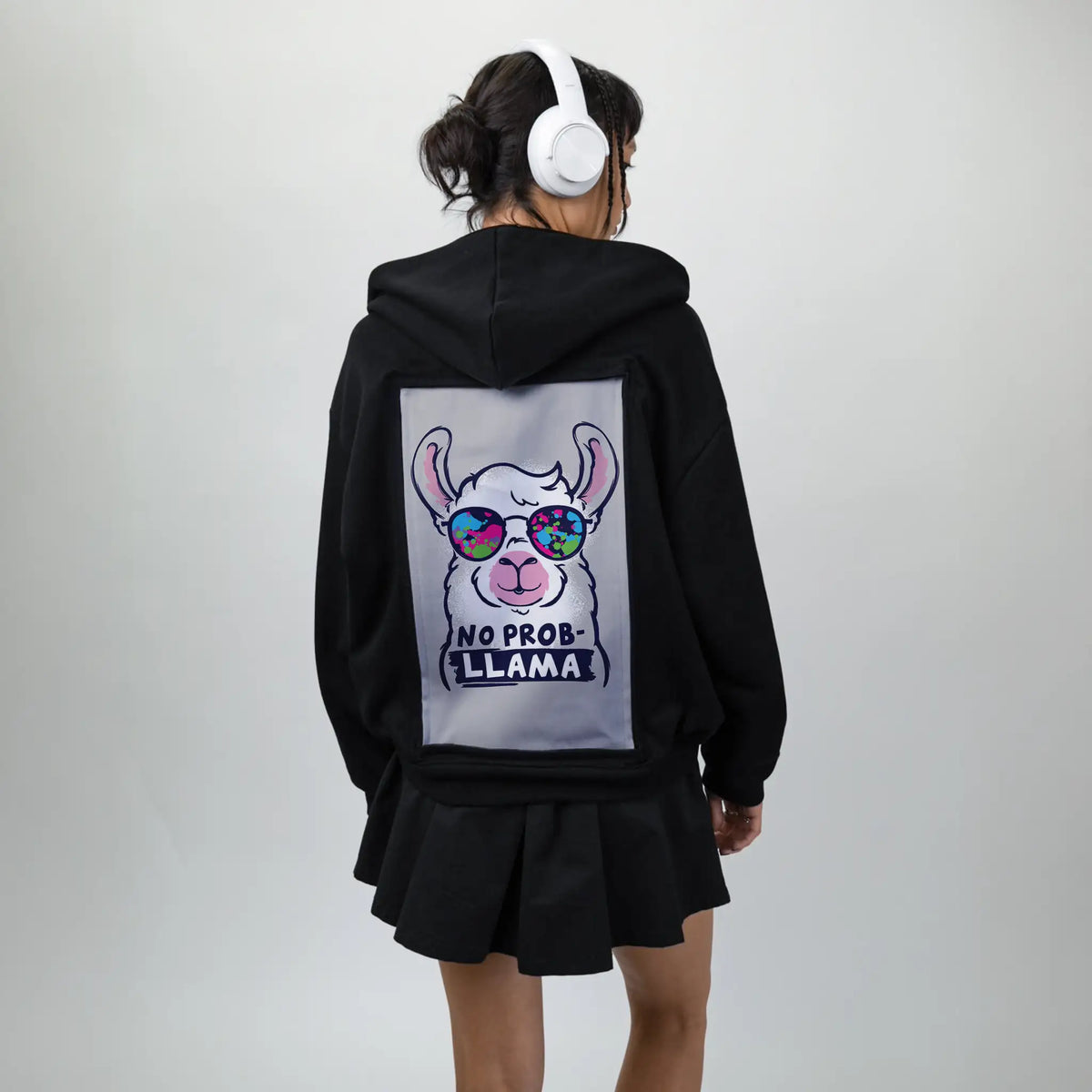 noprobllama patch on female essential zip hoodie in after hours