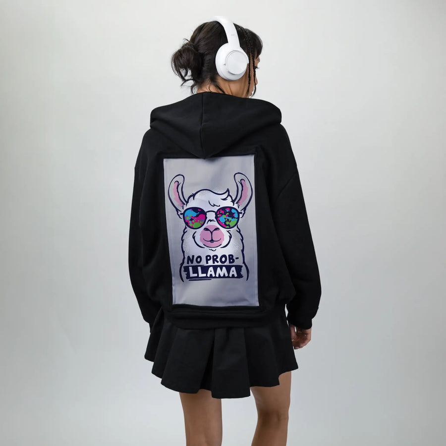 noprobllama patch on female essential zip hoodie in after hours