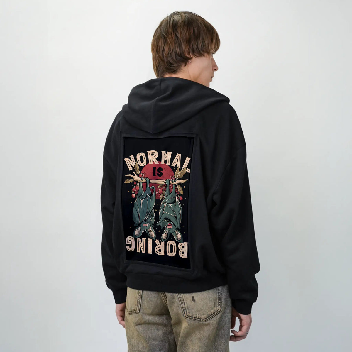 normalisboring patch on male essential zip hoodie in after hours