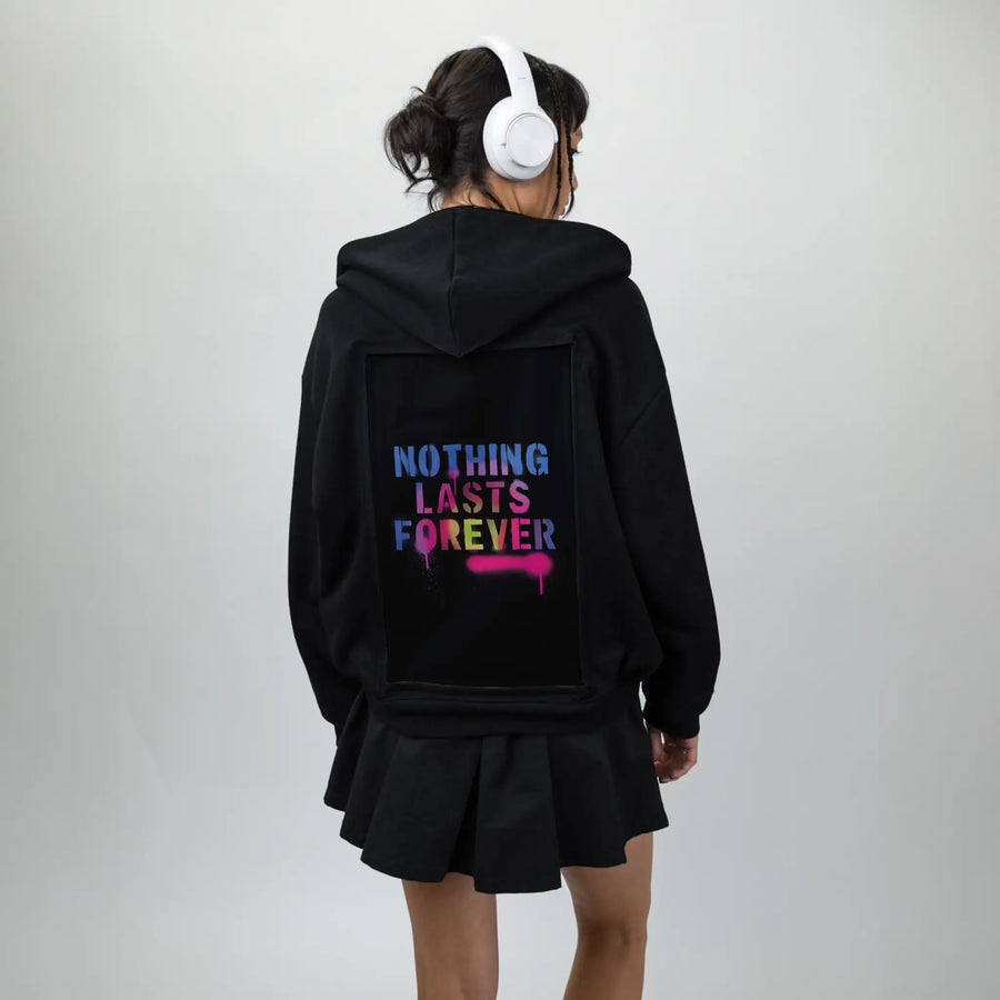 nothinglastsforever patch on female essential zip hoodie in after hours