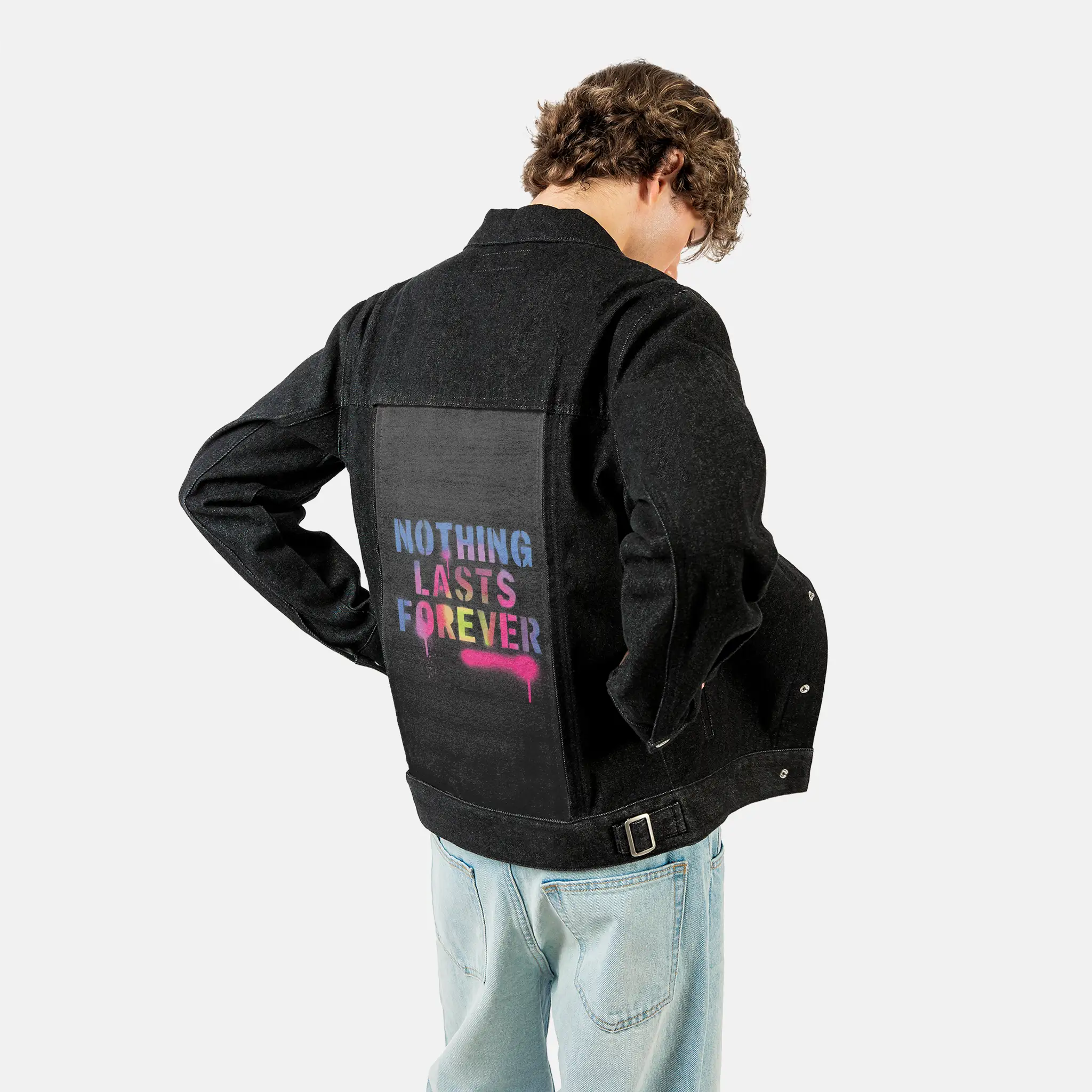 nothinglastsforever patch on male og denim jacket in raven