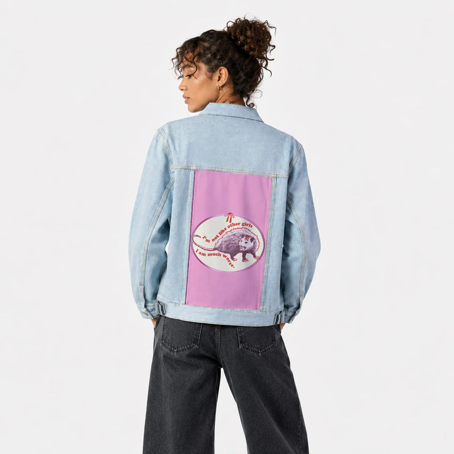 notlikethem patch on female og denim jacket in oceanside