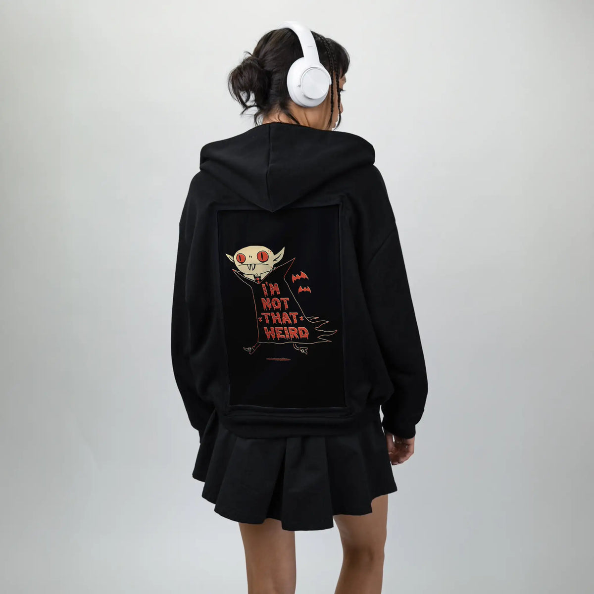 notthatweird patch on female essential zip hoodie in after hours