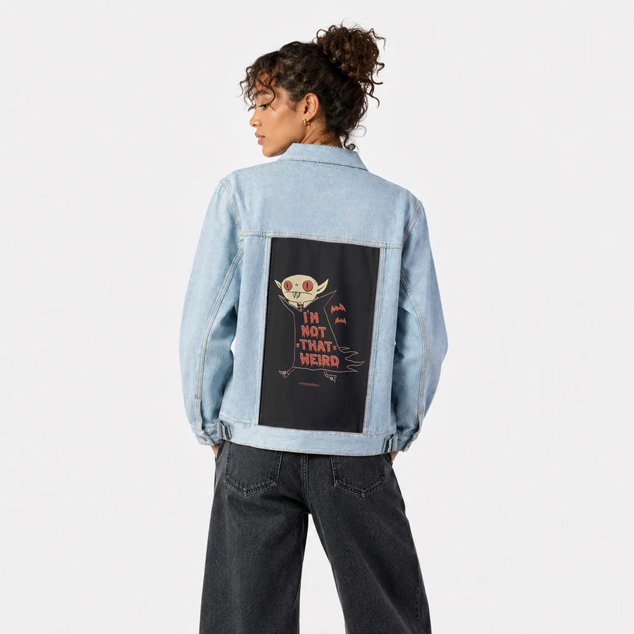 notthatweird patch on female og denim jacket in oceanside