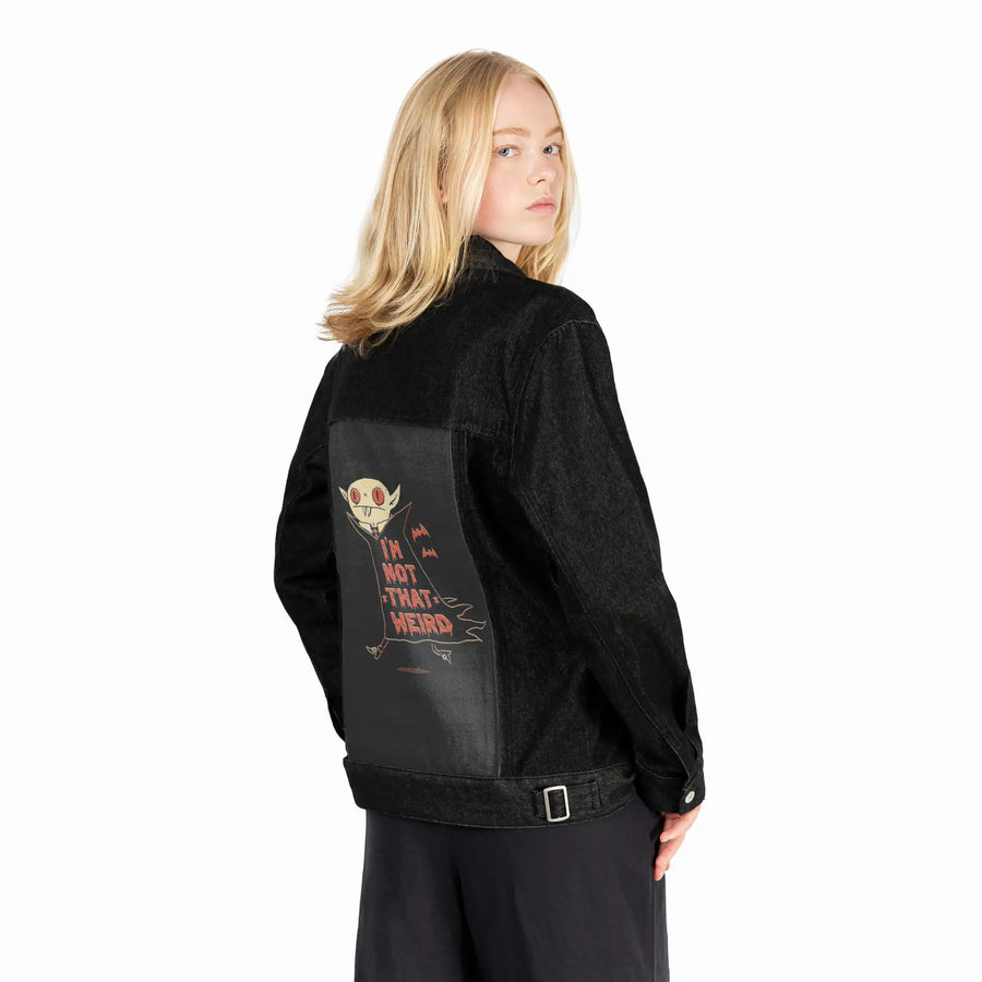 notthatweird patch on female og denim jacket in raven