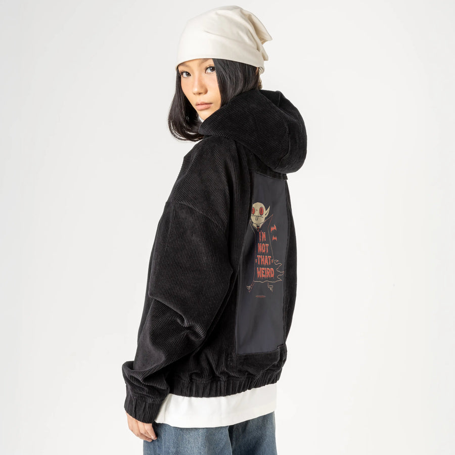 notthatweird patch on female retro cord hoodie in onyx