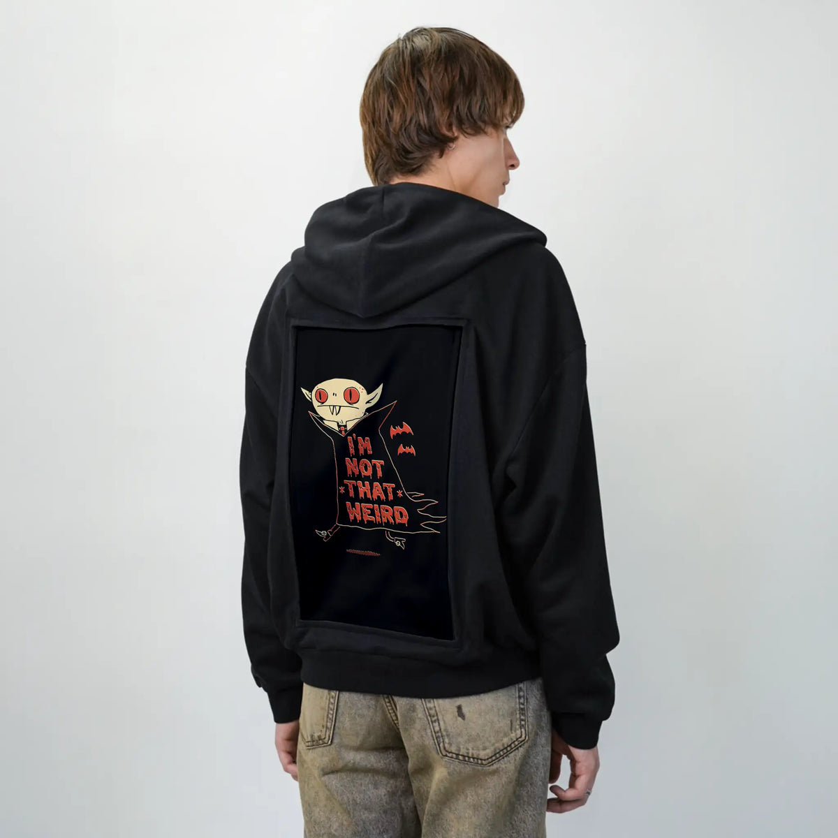 notthatweird patch on male essential zip hoodie in after hours