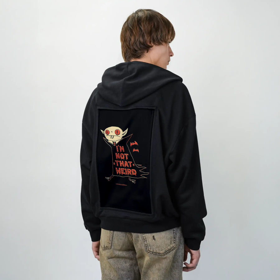 notthatweird patch on male essential zip hoodie in after hours