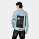 notthatweird patch on male og denim jacket in oceanside
