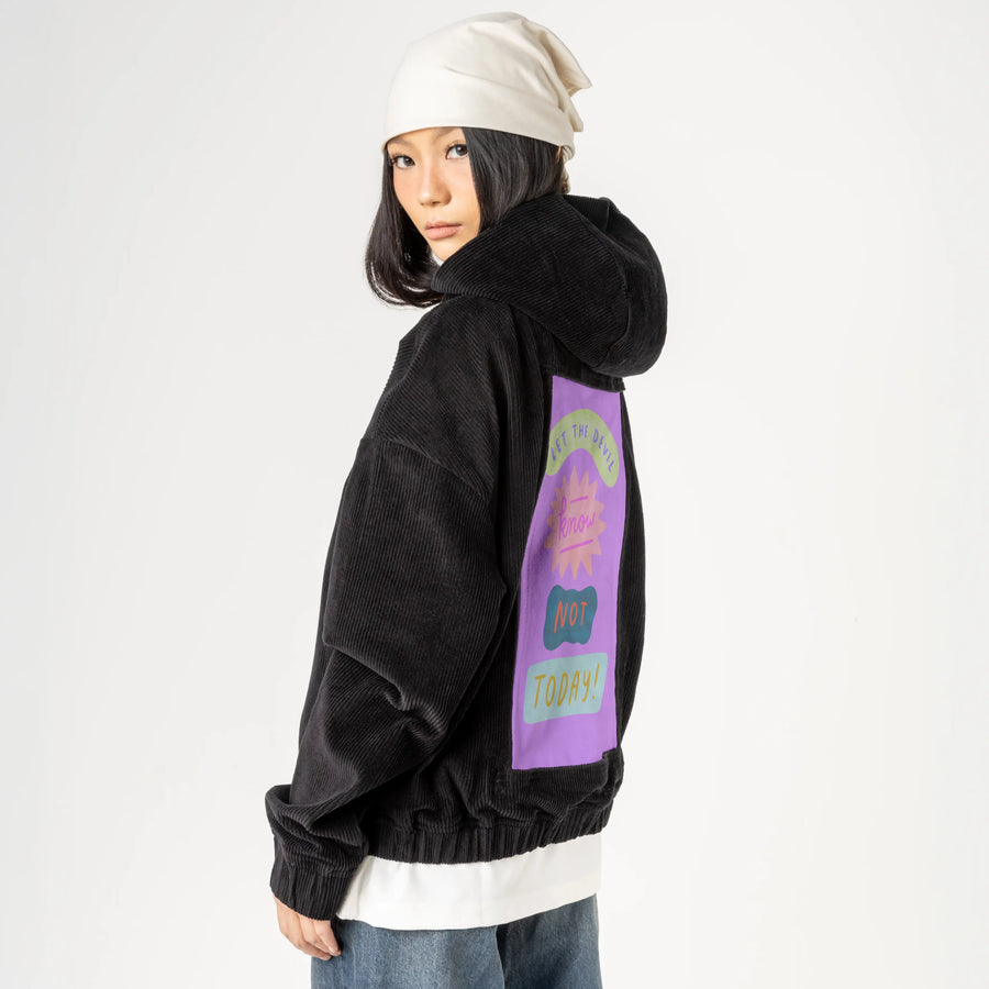 nottoday patch on female retro cord hoodie in onyx