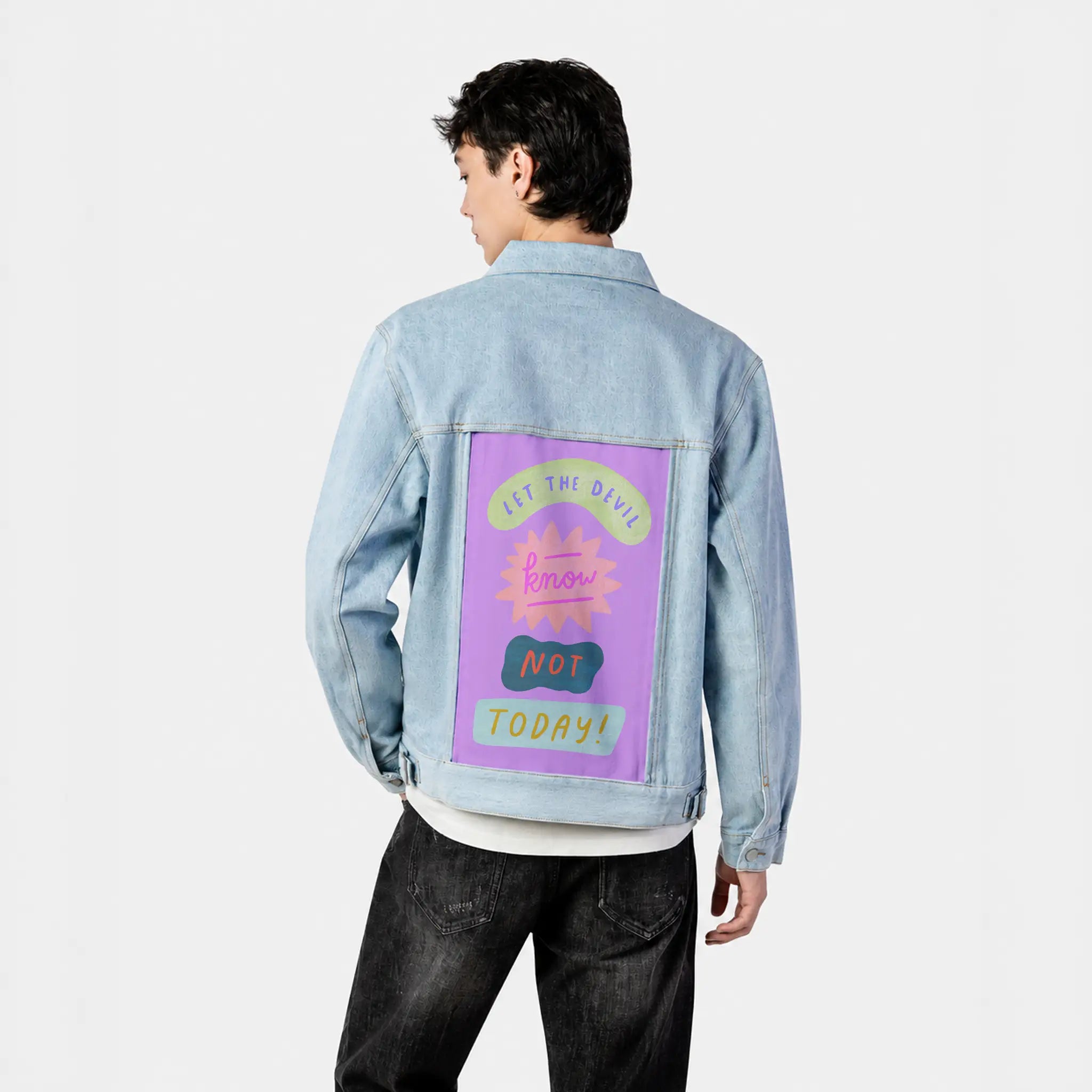 nottoday patch on male og denim jacket in oceanside