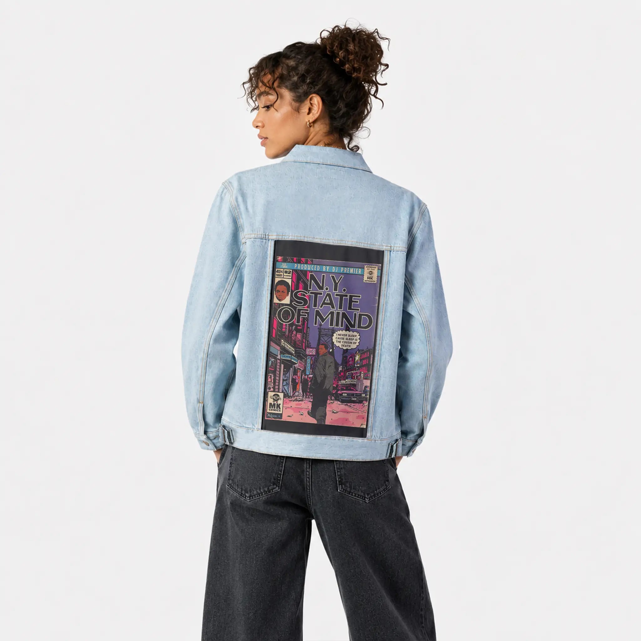 nystate patch on female og denim jacket in oceanside
