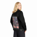 nystate patch on female og denim jacket in raven