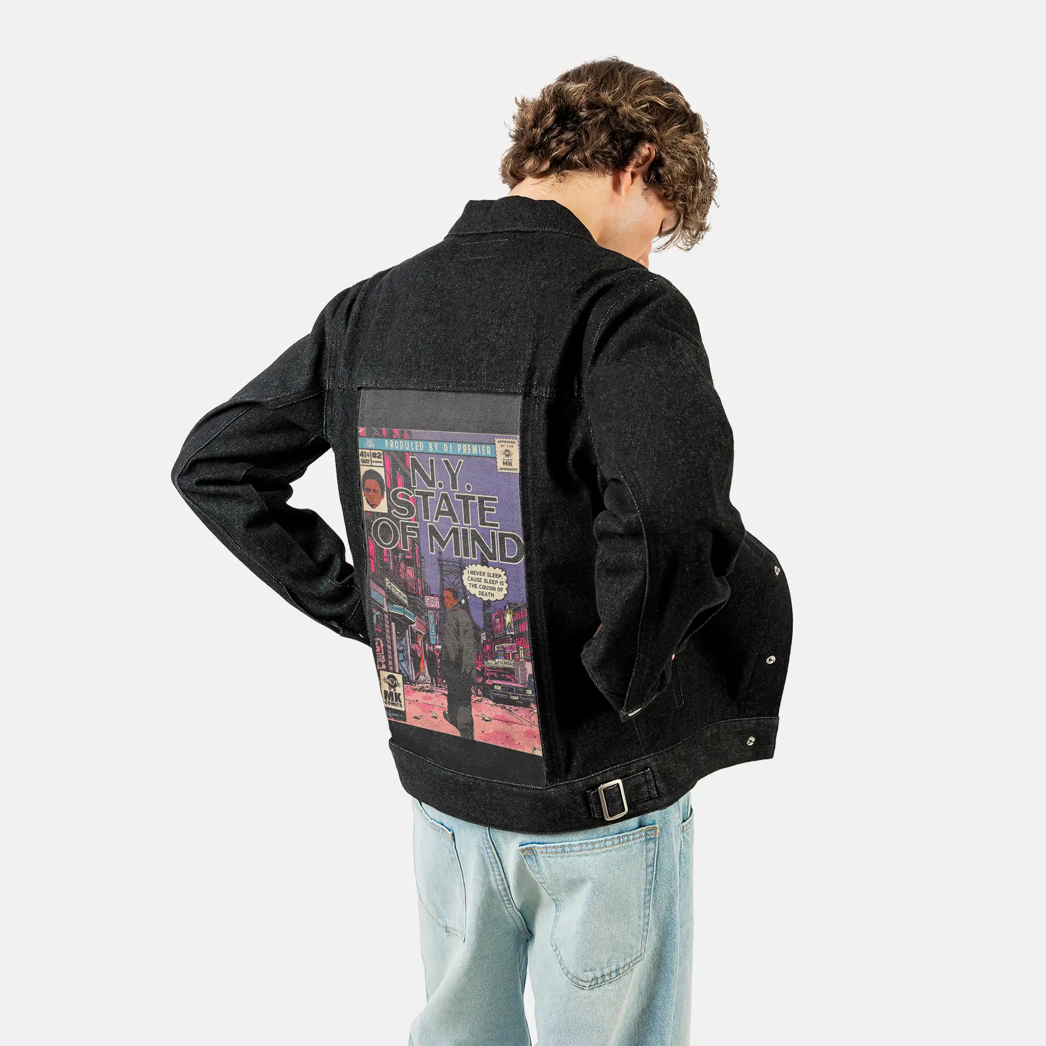 nystate patch on male og denim jacket in raven