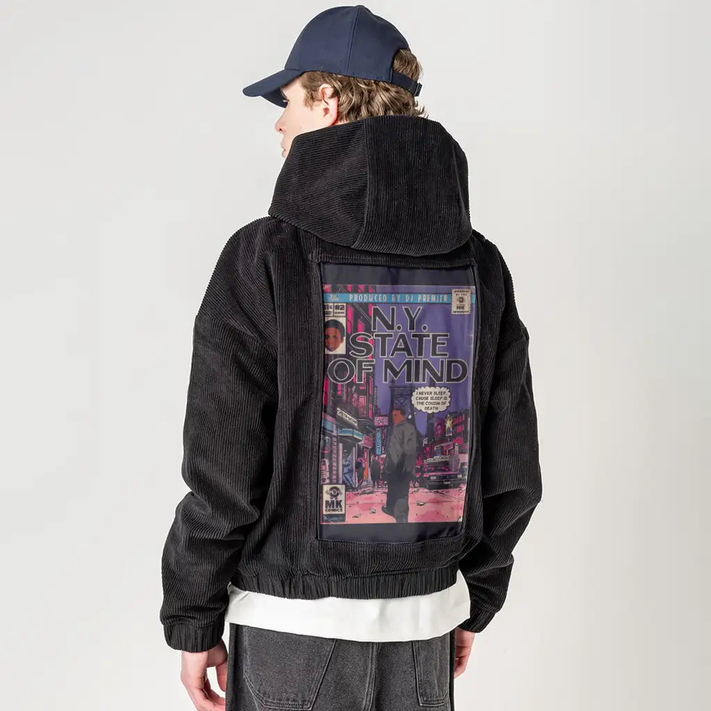 nystate patch on male retro cord hoodie in onyx