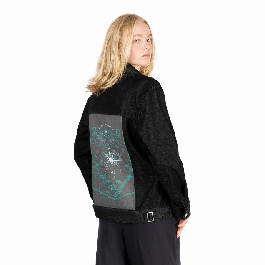 oblivion patch on female og denim jacket in raven