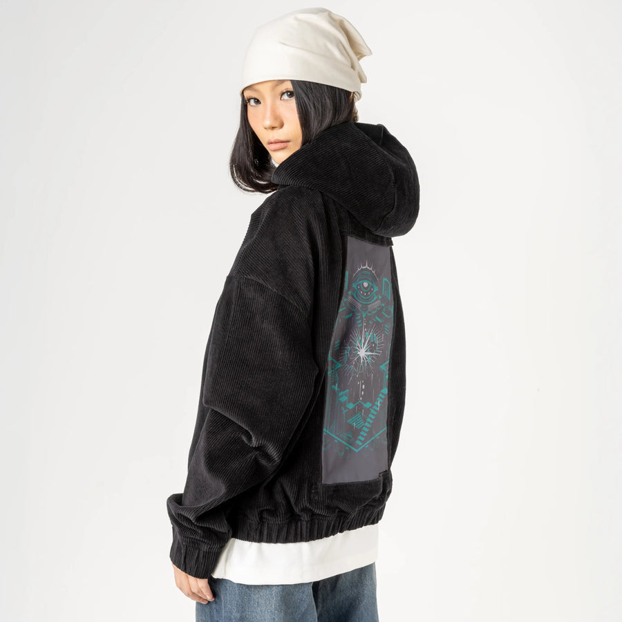 oblivion patch on female retro cord hoodie in onyx