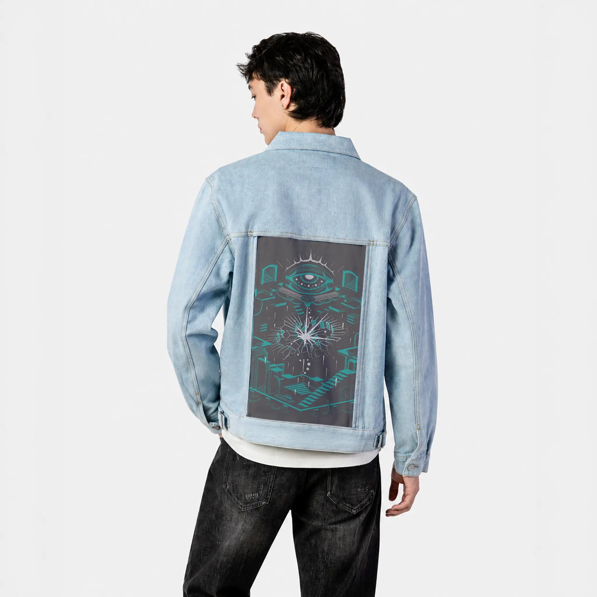 oblivion patch on male og denim jacket in oceanside