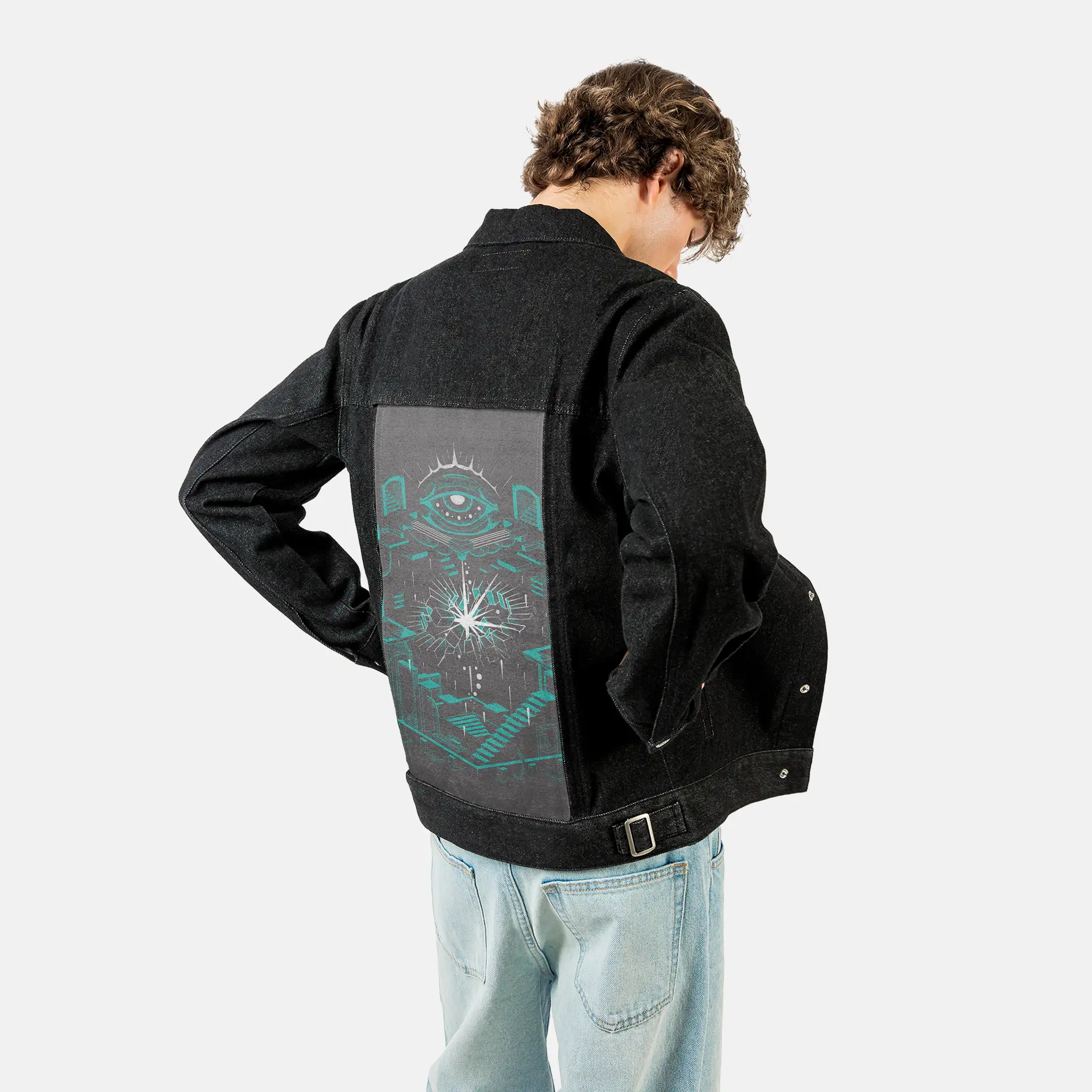 oblivion patch on male og denim jacket in raven