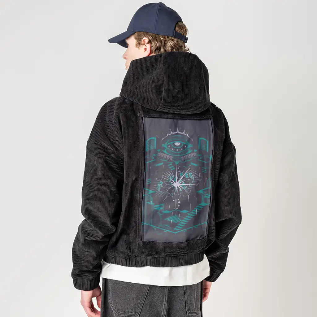 oblivion patch on male retro cord hoodie in onyx