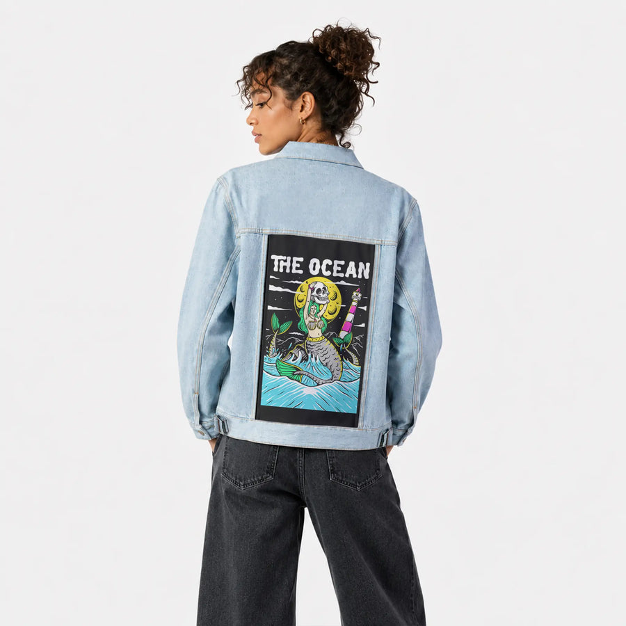 ocean patch on female og denim jacket in oceanside