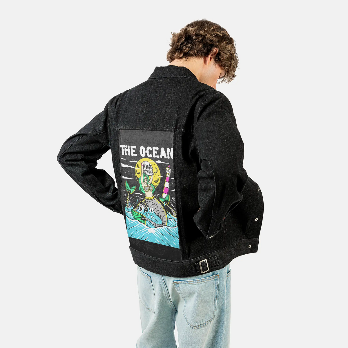 ocean patch on male og denim jacket in raven