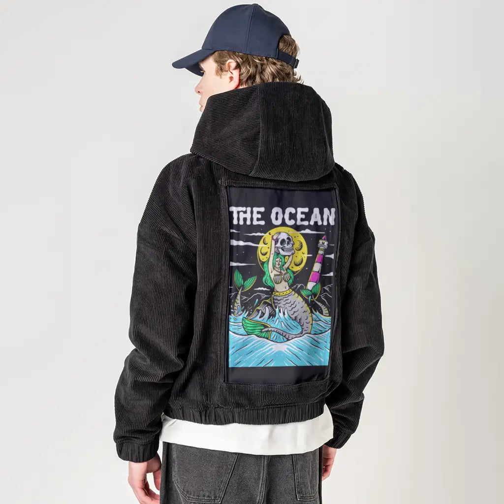 ocean patch on male retro cord hoodie in onyx