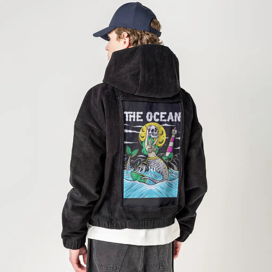 ocean patch on male retro cord hoodie in onyx