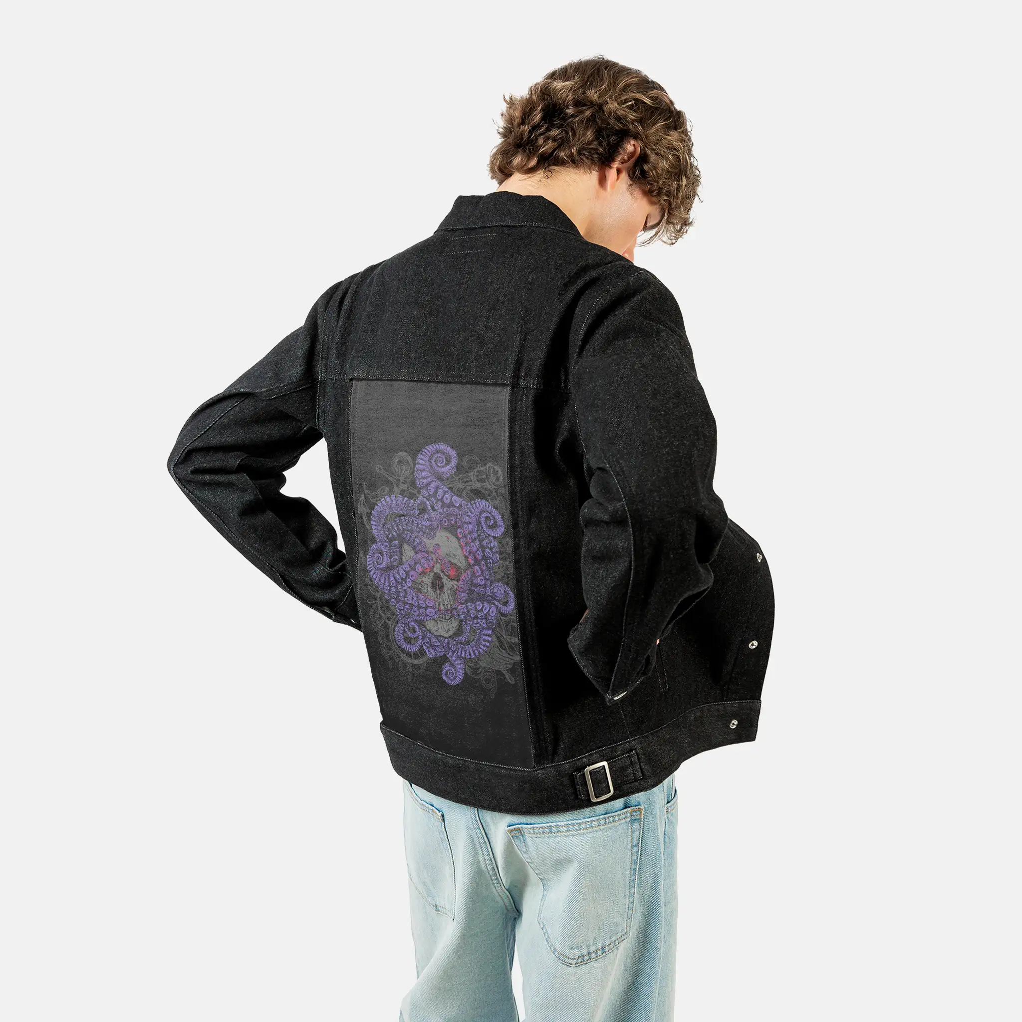 octopus patch on male og denim jacket in raven