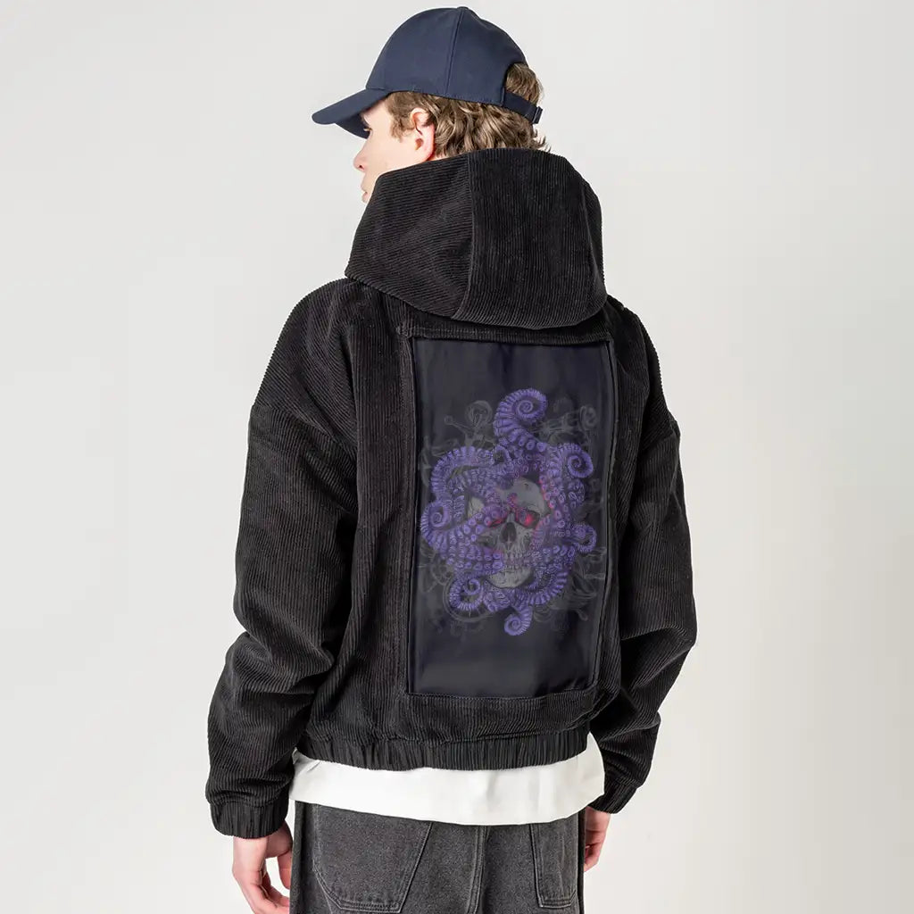 octopus patch on male retro cord hoodie in onyx