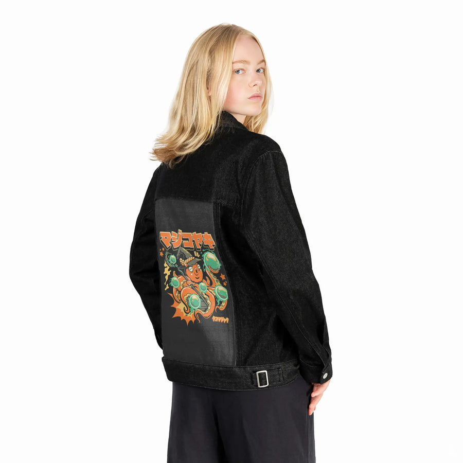 octowizard patch on female og denim jacket in raven