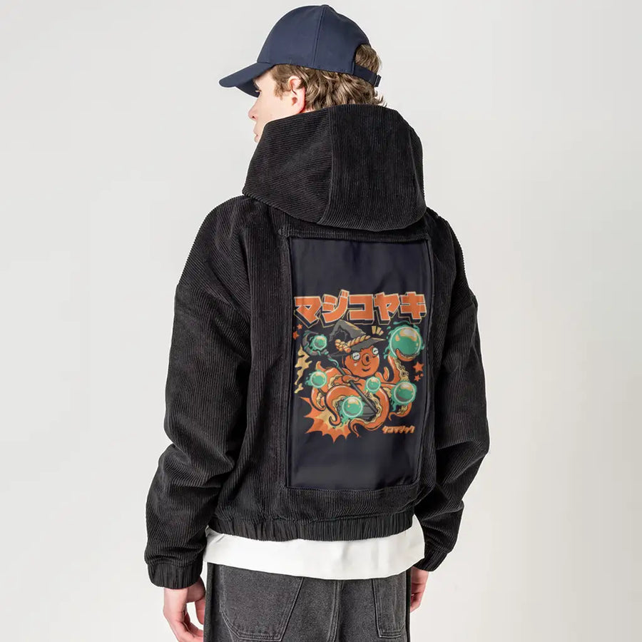 octowizard patch on male retro cord hoodie in onyx