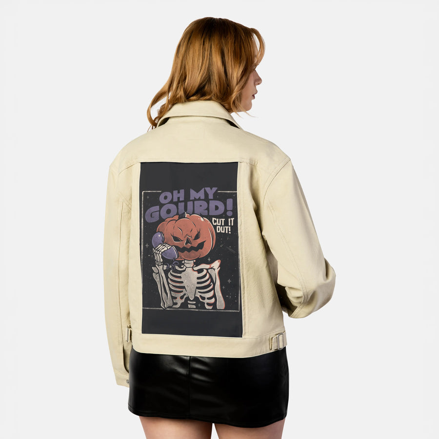 ohmygourd patch on female atelier canvas jacket in tan