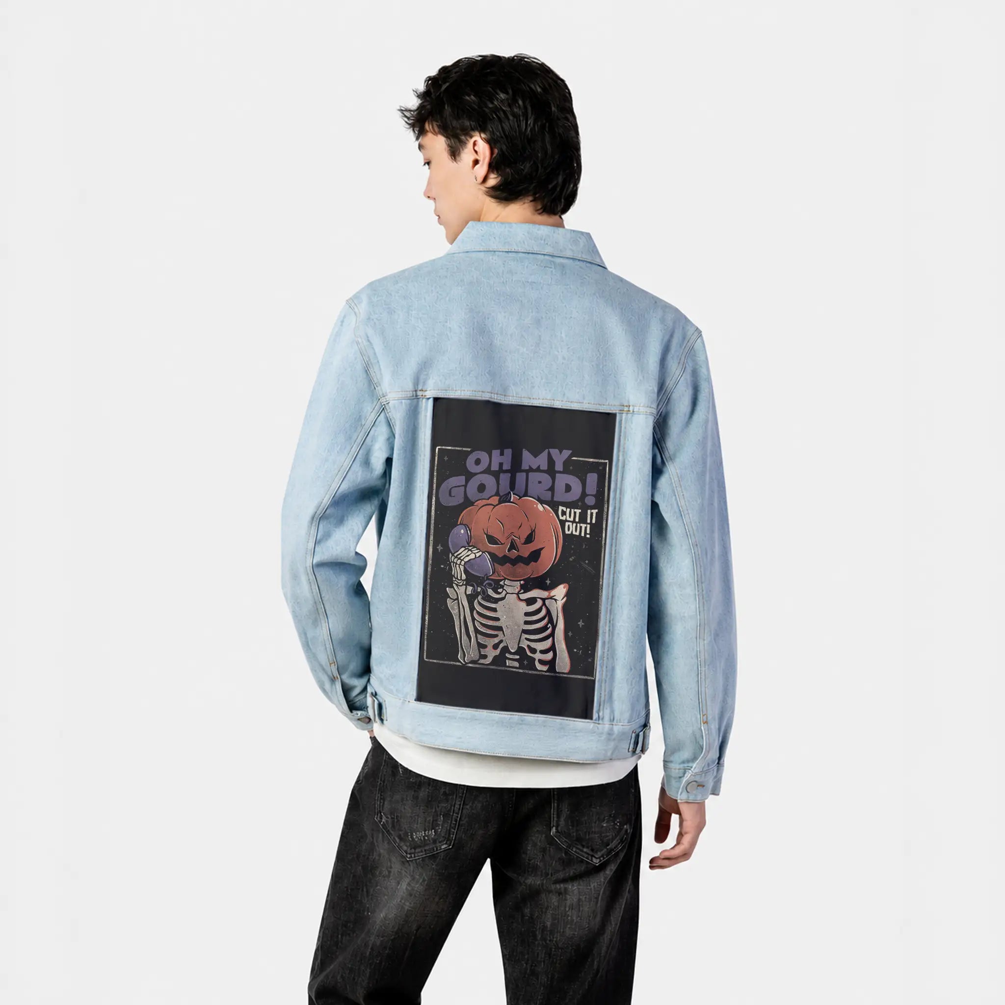 ohmygourd patch on male og denim jacket in oceanside