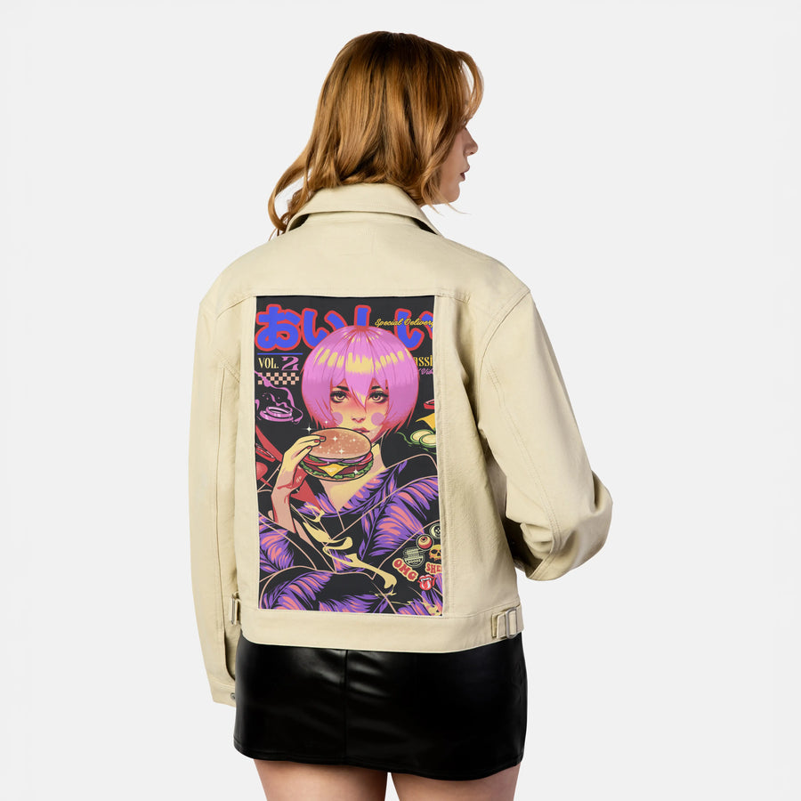 oishiburgergeisha patch on female atelier canvas jacket in tan
