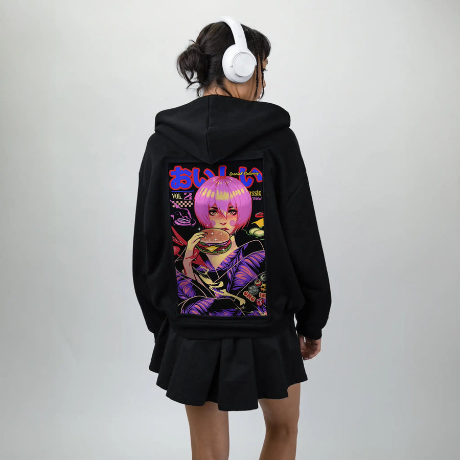 oishiburgergeisha patch on female essential zip hoodie in after hours