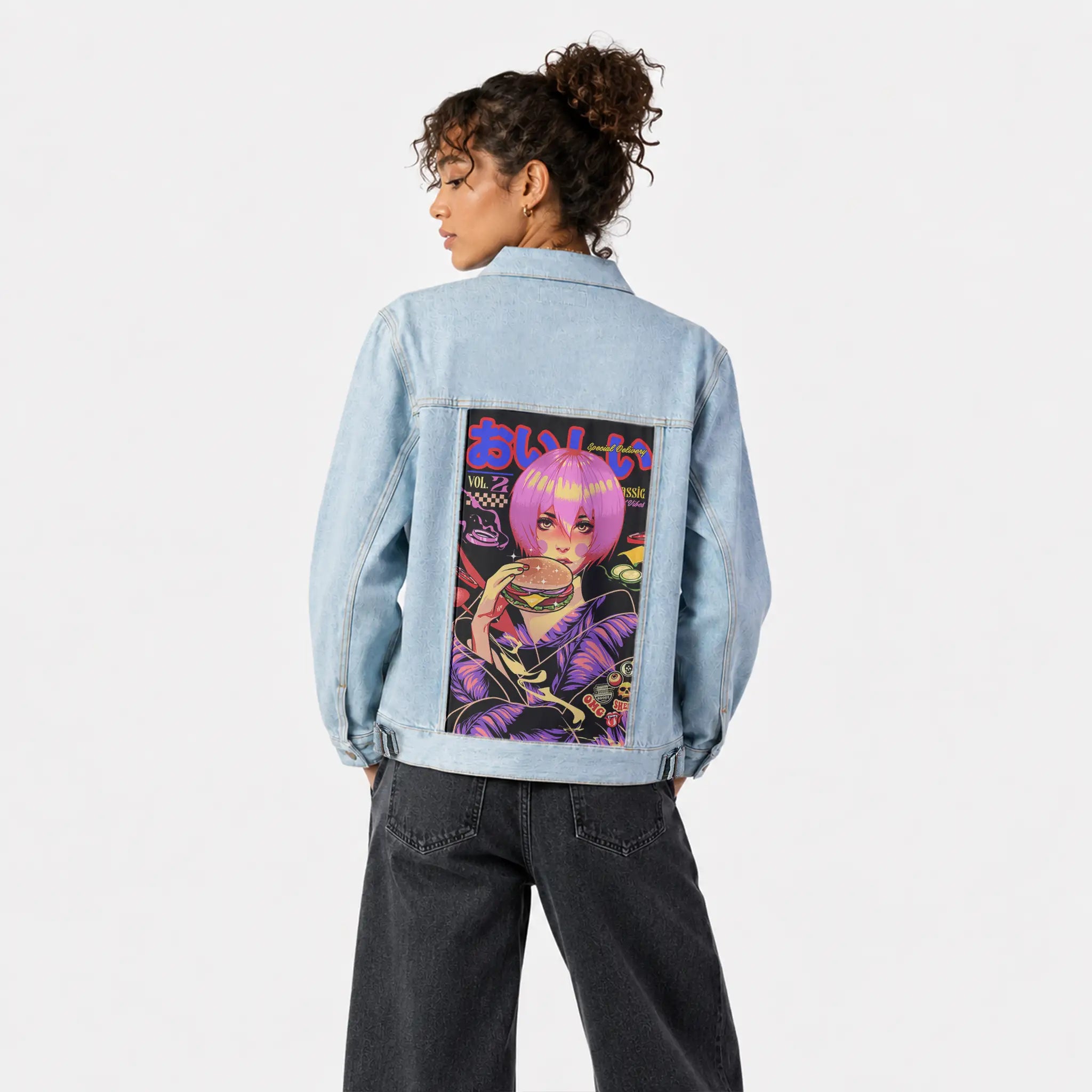 oishiburgergeisha patch on female og denim jacket in oceanside