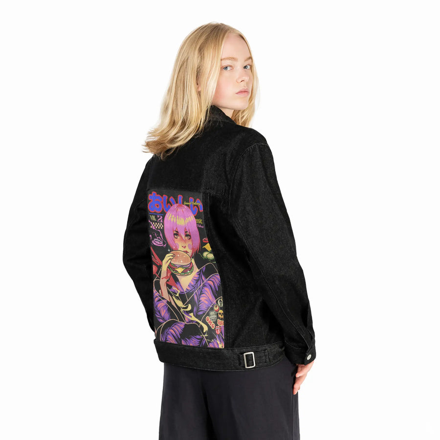 oishiburgergeisha patch on female og denim jacket in raven