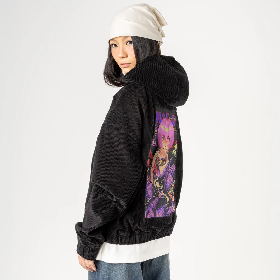 oishiburgergeisha patch on female retro cord hoodie in onyx
