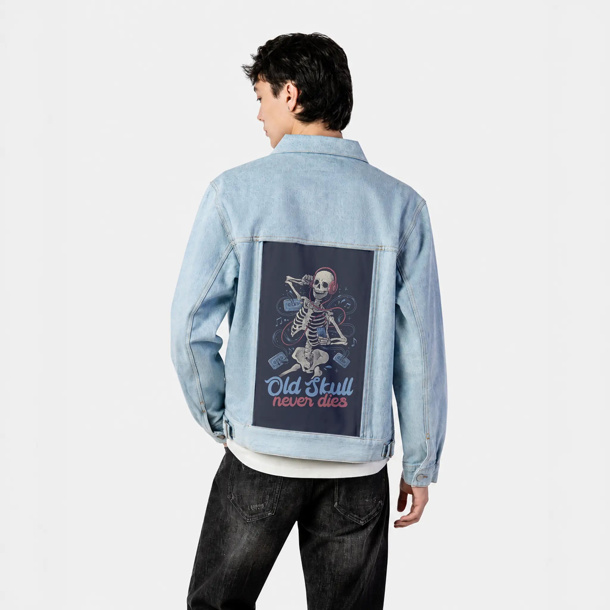 oldskullneverdies patch on male og denim jacket in oceanside
