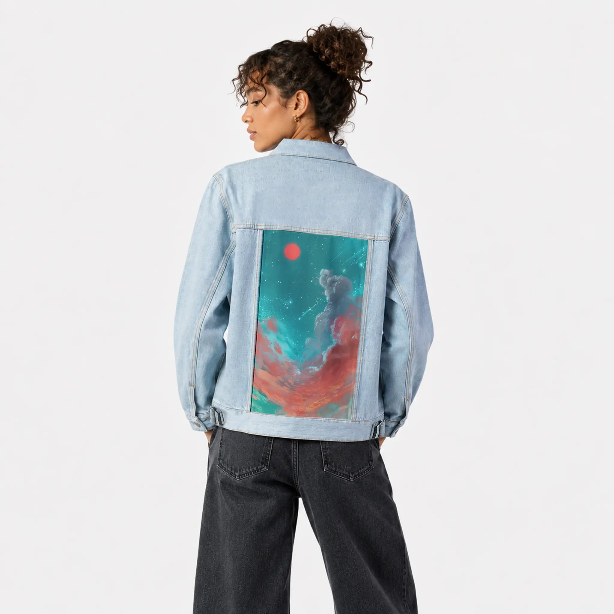 onceuponadream patch on female og denim jacket in oceanside
