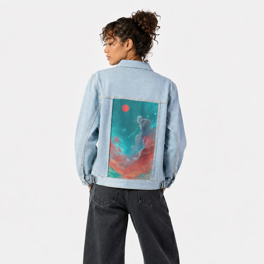 onceuponadream patch on female og denim jacket in oceanside